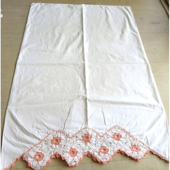 Vintage Handmade Crochet Standard Pillowcase Peach White Floral Lace Trim Design - Picture 10 of 10